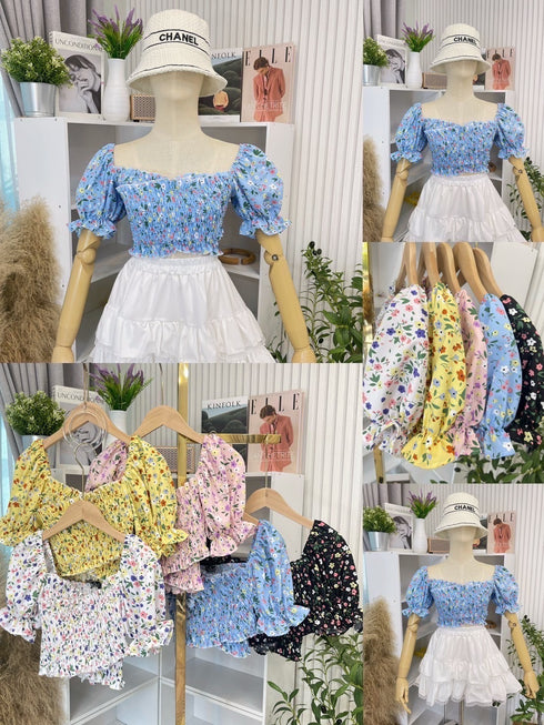 Sweet Square Neck Puff Sleeves Crop Tops